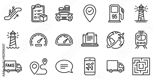 Line icons for transportation, navigation, logistics, travel services, mobility, communication, UI, vector, flat, minimal, black, white