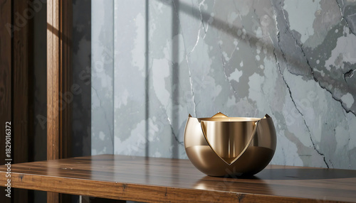 Golden decorative candle on a wooden table near a window