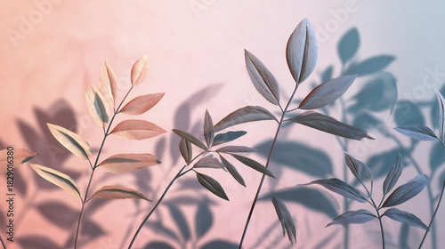 Botanical Leaves with Pink Blue Gradient Background Shadows
