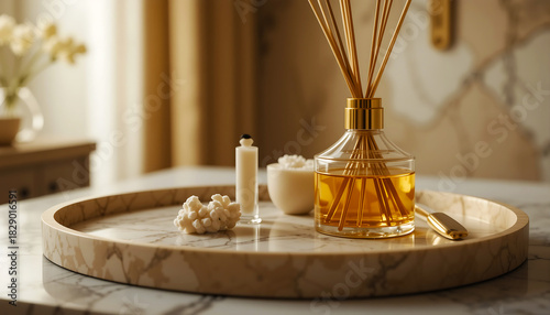 Aromatherapy diffuser with essential oils and decorative elements on a tray