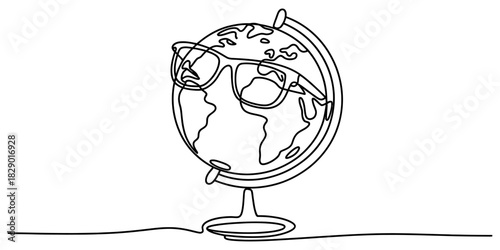 Continuous line art drawing of a world globe wearing stylish sunglasses, symbolizing global vision, cool travel, education, or planet earth wisdom Vector, illustration