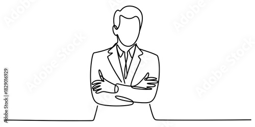 Continuous line art drawing of a confident businessman in a professional suit with crossed arms, symbolizing success, leadership, and determination. Vector, illustration