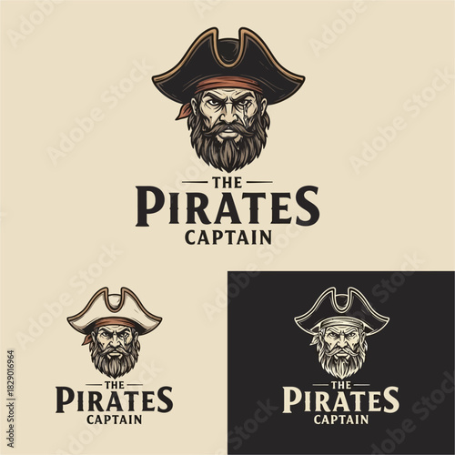 Vintage Pirate Captain Mascot Logo with Beard and Hat.