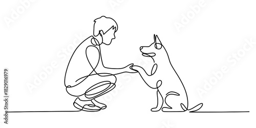 Continuous line drawing of a person crouching down and shaking hands with a dog, symbolizing companionship, loyalty, and human-animal bond. Vector, illustration