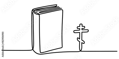 Continuous line drawing of an upright book and an orthodox cross, symbolizing faith, education, spirituality, and wisdom. Vector, illustration