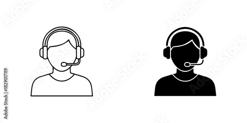 Customer service agent icons with headset, outline and solid silhouette, isolated on