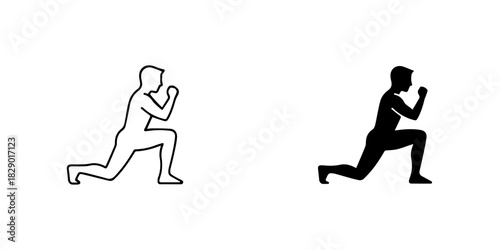 Person performing lunge exercise in outline and silhouette styles, isolated on