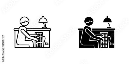 Person sitting at a desk and typing on a computer keyboard with a desk lamp, depicted as an outline and solid icon