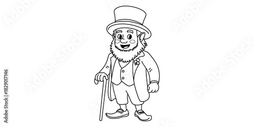 Leprechaun character for saint patrick's day celebration, outline drawing, isolated on white, a bearded man in a top hat holding a walking cane. Vector, illustration