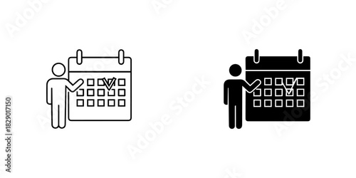 Person pointing at calendar with checkmark, schedule and task completion icon, isolated on
