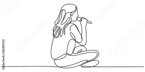 Continuous line drawing of a woman sitting and singing into a microphone, minimalist single line art illustration, music performance, vocal talent concept. Vector, illustration