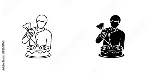 Chef decorating a cake with a piping bag, illustrating baking and culinary skills, isolated on