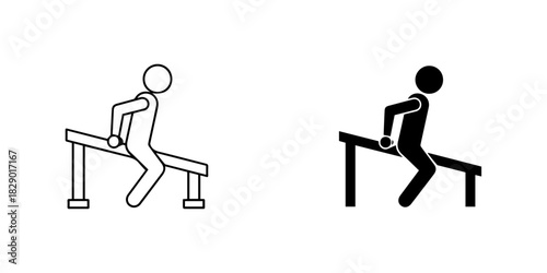 Stick figure icon performing a dip exercise on parallel bars, outline and silhouette, isolated on
