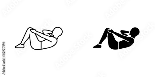 Outline and silhouette figures performing an abdominal crunch exercise, isolated on
