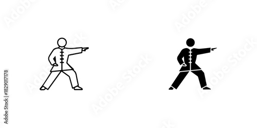 Tai chi or kung fu martial arts stance icon set, featuring outline and solid black silhouette figures, isolated on