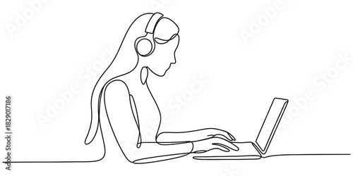 Continuous line drawing of a woman wearing headphones and typing on a laptop, illustrating remote work, focused study, or online communication. Vector, illustration