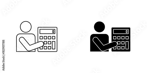 Person holding a calculator icon in outline and solid black styles, isolated on