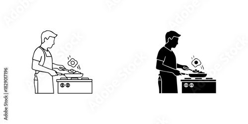 Man cooking egg in a pan on a stove, presented in both outline and silhouette styles