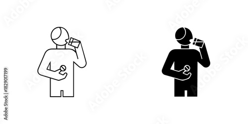 Person taking medication with water, outline and solid icons, isolated on