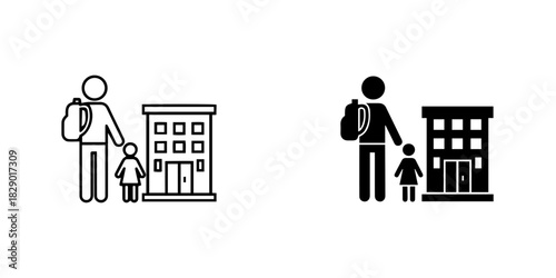 Outline and solid icons parent and child with backpack near school building, isolated on