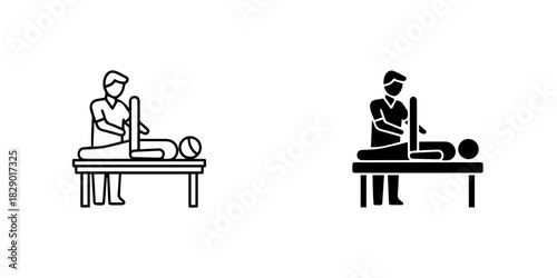 Physical therapy session icon set showing a therapist treating a patient on a table, isolated on