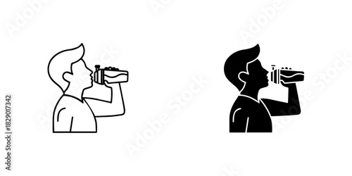 Man drinking water from a bottle icon set, showing both outline and silhouette versions, isolated on