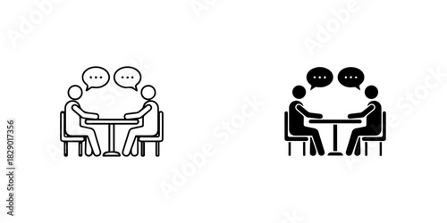 Two people sitting at a table having a conversation, communication and discussion icon set, isolated on