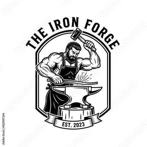 Blacksmith at The Iron Forge working on anvil with hammer and tools.