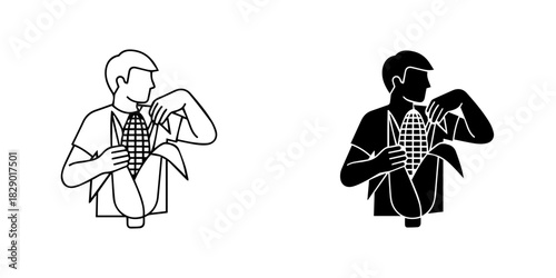 Illustration of a man shucking corn, presented in both outline and silhouette styles, isolated on