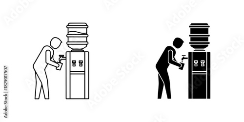 Simple vector icon set of a person using a water cooler, in line art and filled versions
