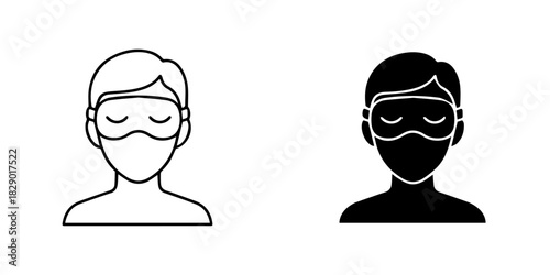 Person wearing a sleep mask icon set, featuring both outline and solid silhouette styles for rest and relaxation