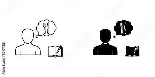 Icons of a person thinking about food and meal preparation with a book, isolated on