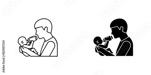 Parent feeding baby with bottle icon set, outline and solid silhouette, isolated on