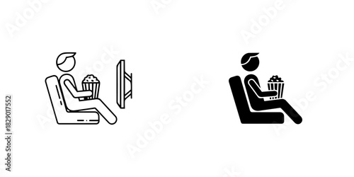 Outline and solid icon of a person sitting in a chair, watching television and eating popcorn, isolated on