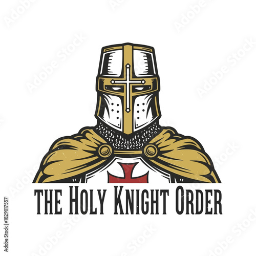 Crusader Knight in Armor with Holy Knight Order Text.