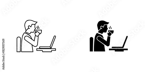 Man drinking hot beverage while using laptop, outline and glyph icons, isolated on