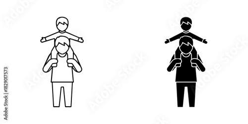 Parent carrying child on shoulders icon set, outline and solid black versions