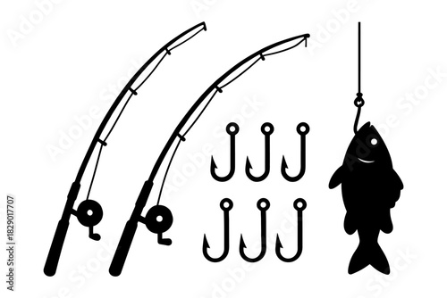 Fishing equipment silhouette with rods, hooks, and fish illustration.