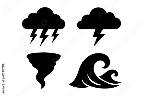 Silhouette icons of storm clouds, lightning, tornado, and ocean waves.
