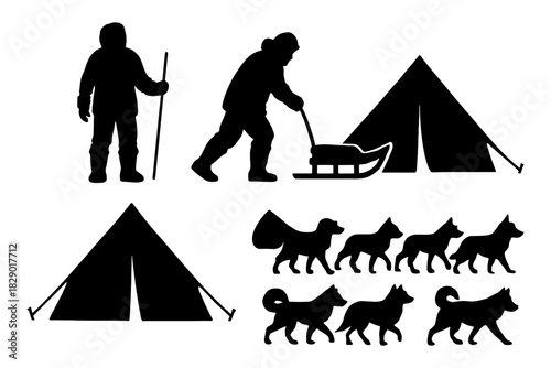 Silhouette of arctic expedition: explorer, sled dogs, tents.