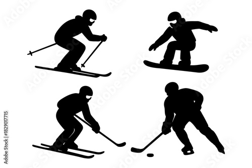 Silhouette of winter sports: skiing, snowboarding, and ice hockey action.