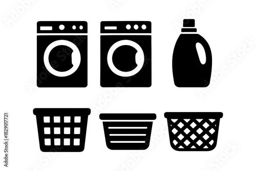 Black and white laundry icons set: washing machines, detergent bottle, baskets.