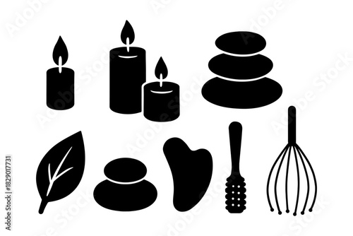 Silhouette icons of relaxation: candles, stones, leaf, gua sha, massager, head scratcher.