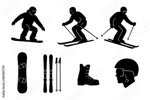 Black silhouettes of skiing and snowboarding equipment and figures in motion.