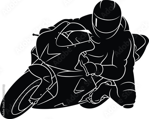 High speed motorcycle racer silhouette in sharp lean