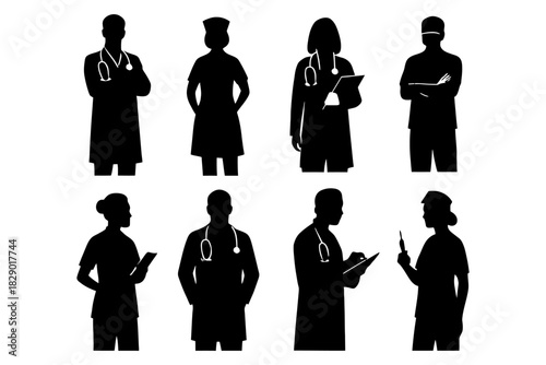 Silhouettes of healthcare professionals in various medical roles.