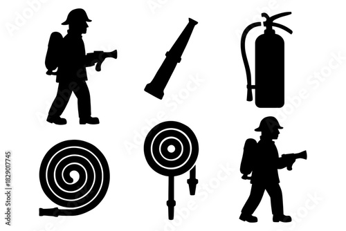 Firefighter icons: equipment and personnel silhouettes for safety themes.