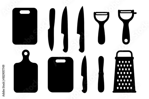Silhouette kitchen utensils set with knives, peelers, boards, and grater.