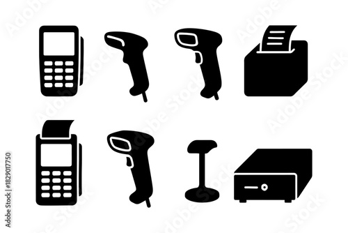 Retail technology icons: pos terminals, barcode scanners, receipt printers, cash drawer.