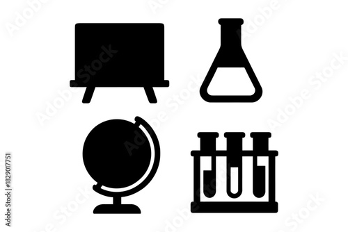 Science icons: test tube, flask, blackboard, globe in black and white.